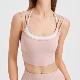 Chest Pad Yoga Clothes Underwear Women's Contrast Colors False-two-piece Quick-drying Sports Bra Beauty Back Fitness Top (Option: Cherry Blossom-S)