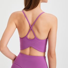 Spaghetti Strap Cross Beauty Back Yoga Clothes Vest Fixed Cup Sports Underwear Workout Bra (Option: Mulberry Purple-S)