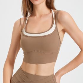 Chest Pad Yoga Clothes Underwear Women's Contrast Colors False-two-piece Quick-drying Sports Bra Beauty Back Fitness Top (Option: Cocoa Color-S)