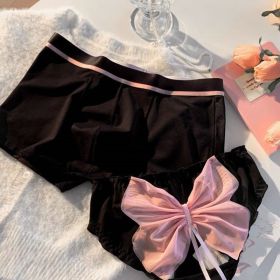 Black Triangle Flat Couple Underwear (Option: Pink And Black Hollow Big Bow-Female L Male 2XL)