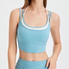 Chest Pad Yoga Clothes Underwear Women's Contrast Colors False-two-piece Quick-drying Sports Bra Beauty Back Fitness Top (Option: Sky Blue-S)