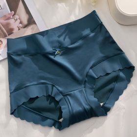 Mid-High Waist Light Luxury Women's Elastic Satin Silky Comfortable Seamless Underwear Mulberry Silk (Option: Peacock Blue-L)